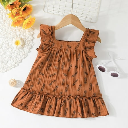 

Cathalem Girls Baptism Dresses Toddler Girls Sleeveless Ruffles Feather Printed Princess Dress Toddler Fancy Dress Dress Brown 18-24 Months