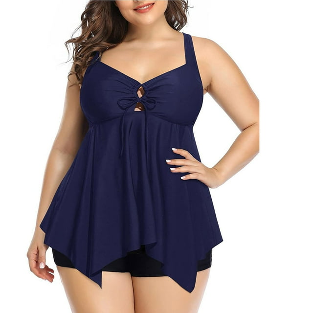EGNMCR Bikini Set Plus Size Women Swimsuit High Waist Solid Conservative Split Swimwear