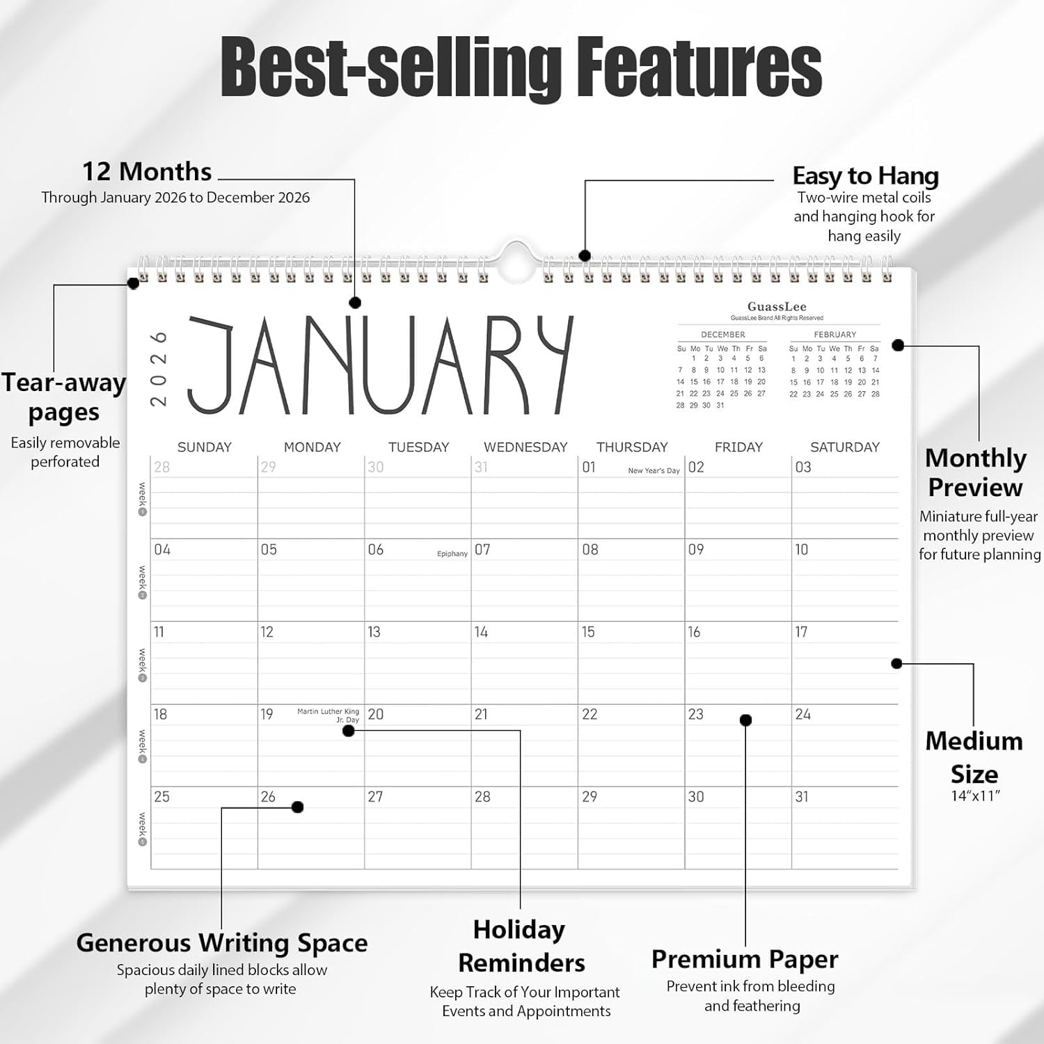 Wall Calendar 2026, 2026 Calendar Wall from Jan. 2026 to Dec 2026, 14" X 11" Paper Monthly Planner Wall Hanging Calendar with Thick Paper for Office Home Planning & Organizing