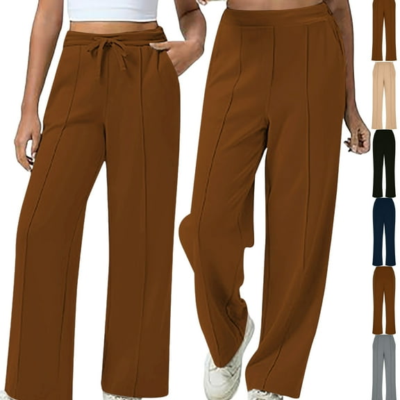 Gamivast Straight Leg Sweatpants for Women Flowy Dress Elastic Waist Trousers Casual Pleated Drawstring Sweatpants with Pockets Work Business Solid Joggers