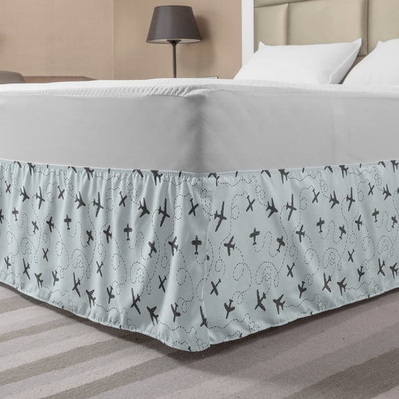 Grey Blue Bed Skirt, Aeroplanes with Flight Patterns Swirled Lines Sketch Style Air Vehicles, Elastic Bedskirt Dust Ruffle Wrap Around for Bedding Decor, 4 Sizes, Pale Blue and Grey, by Ambesonne