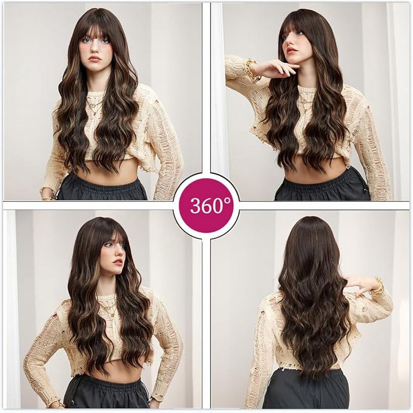 Long Curly Brown Highlight Wigs With Bangs Wig for Women Synthetic Hair Wig for Party Cosplay Daily Use -26 inches
