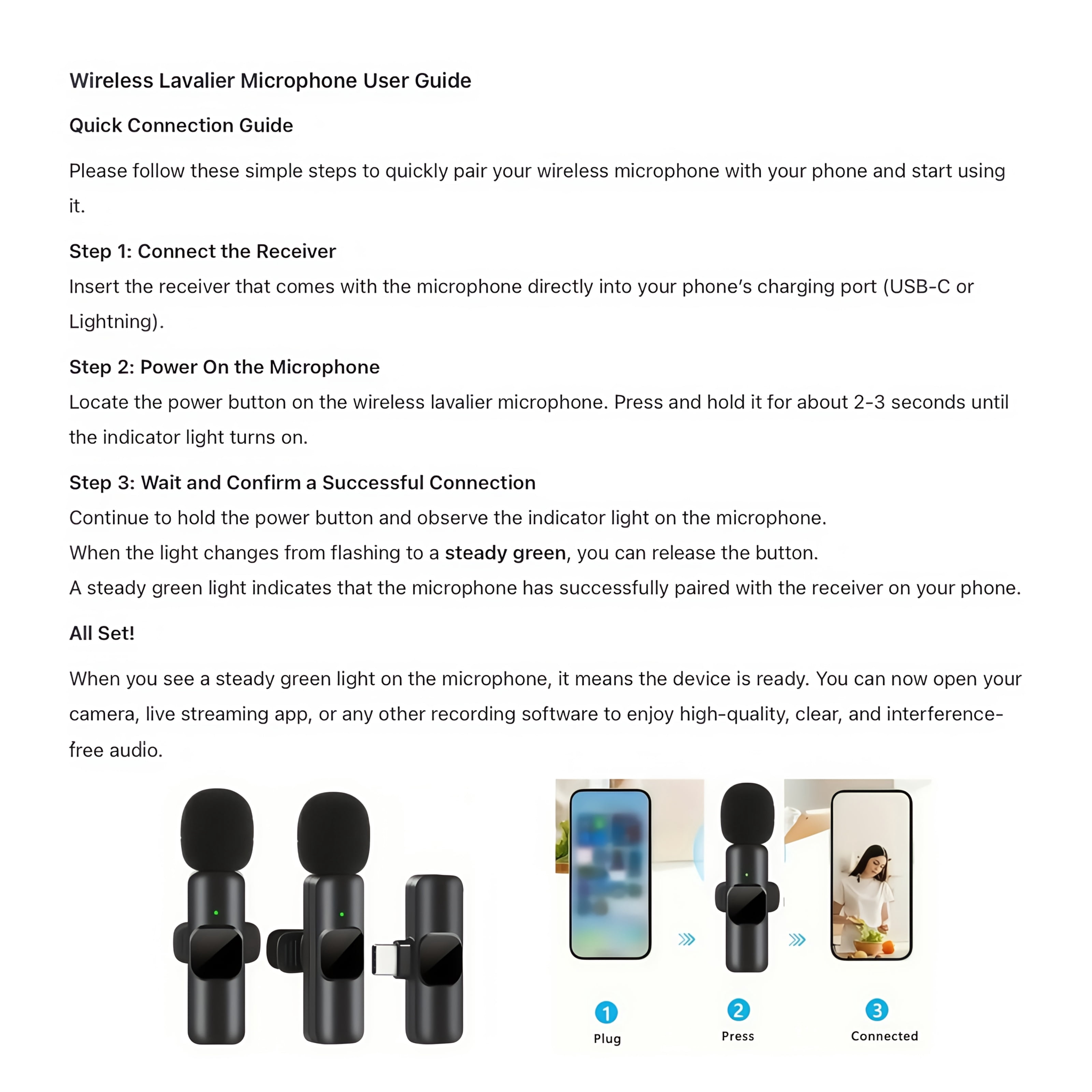 Wireless Lavalier Microphone Kit with 2 Mics, Receiver, Noise Reduction, Plug & Play, Omnidirectional, Portable