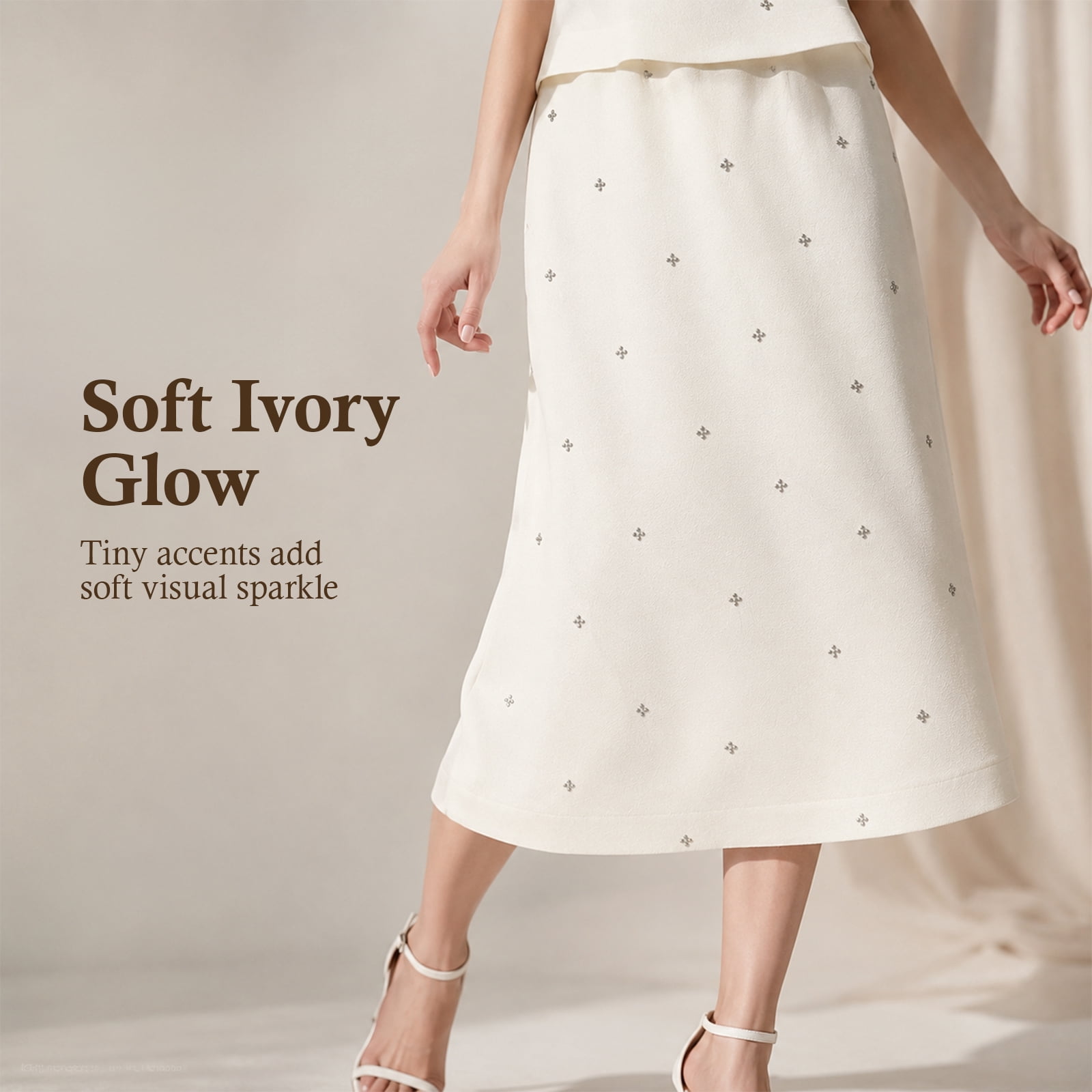 Alvantor Women's Embellished Midi Skirt, Gathered Pull-On Waist with Stretch Lining, Ivory