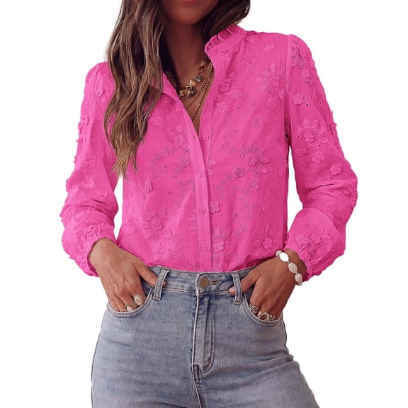 PRETTYGARDEN Women's Floral Embroidered Button Down Shirts | Ladies Dressy Fall Blouses, Long Sleeves, Ruffle Neck, Elegant Boho Eyelet Tops for Work, Business & Spring Casual Outings
