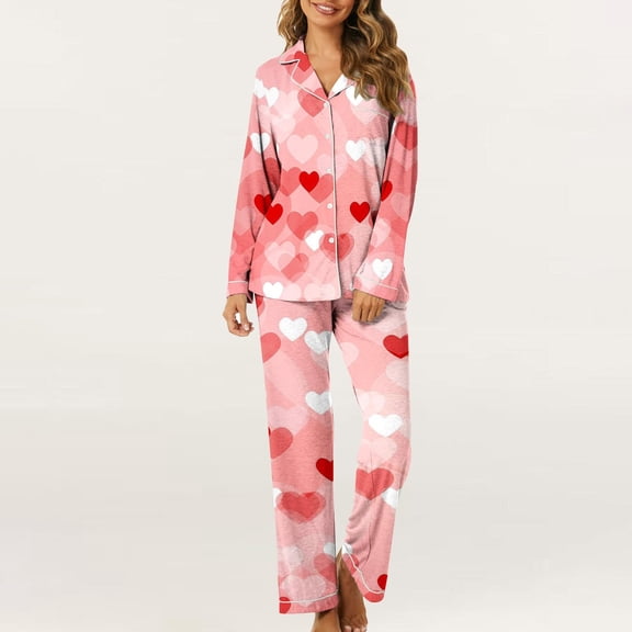 Valentines Pajamas For Women Set Casual Loose Cozy Cardigan Heart Print Winter Collar Long Sleeve Button Up Sleepwear Soft 2 Piece Outfits Loungewear Sets Red L