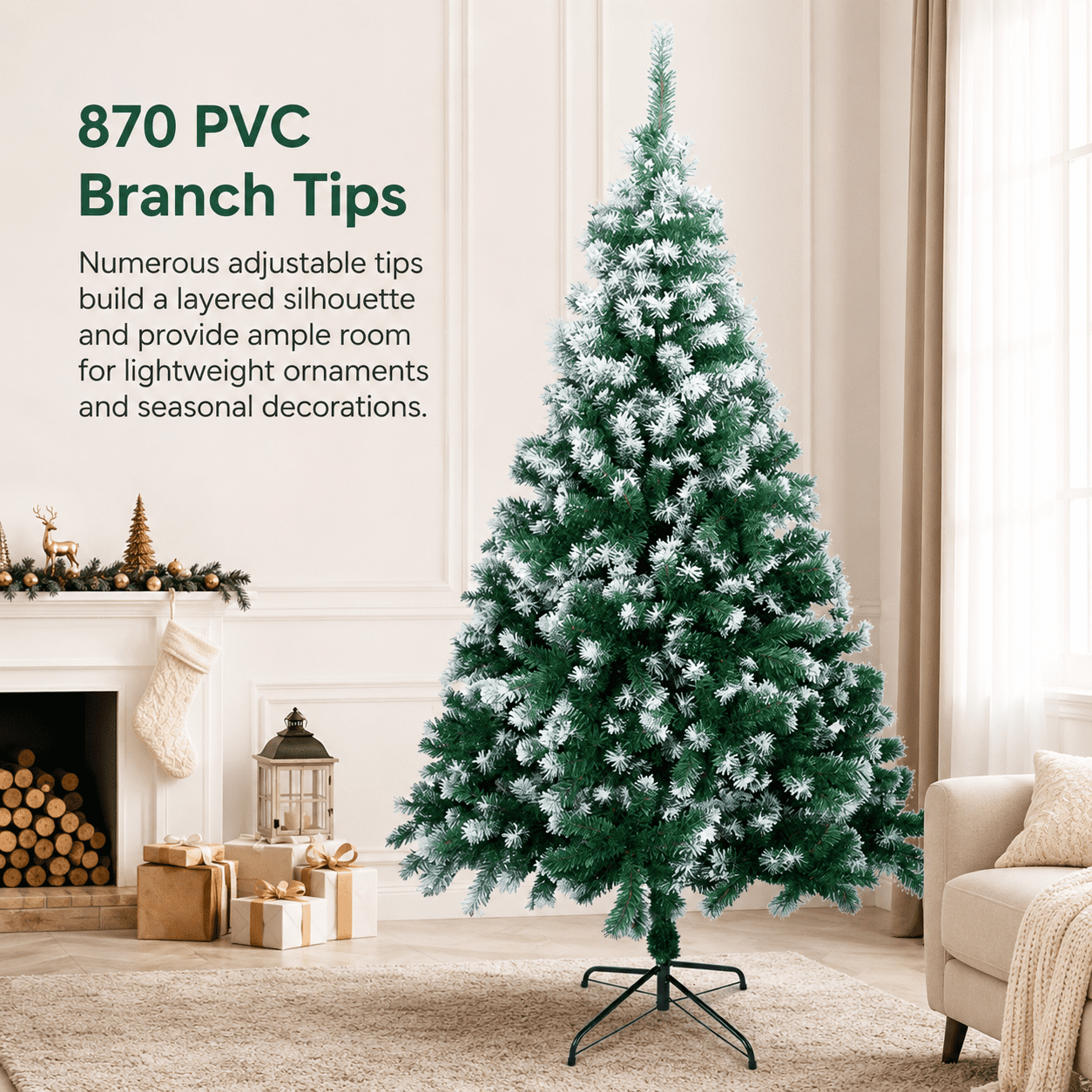 Alvantor 7 ft Unlit Artificial Christmas Tree with 870 Snow-Tipped PVC Branch Tips and 3-Screw Metal Stand, Green and White