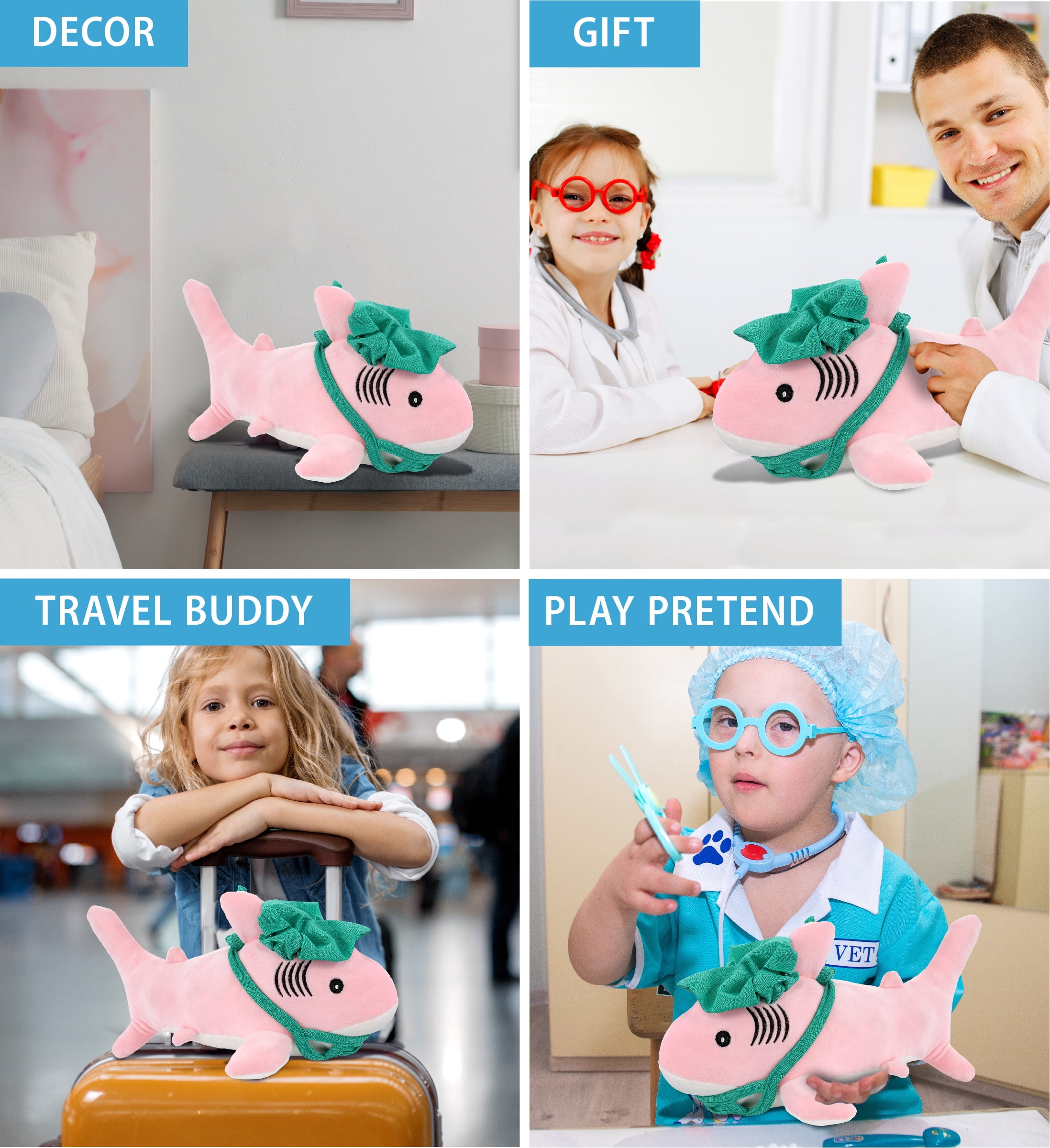 DolliBu Pink Shark Doctor Plush Toy - Baby Soft Shark Doctor Stuffed Animal Dress Up with Cute Scrub Cap & Face Mask Outfit - Fluffy Doctor Toy Plush Gift - 12 Inches