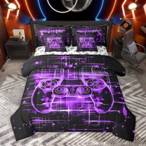 Homewish Futuristic Purple Gamepad Bedding Comforter Set 7 Pieces for Kid, Modern Gaming Gamer Full Bedding Set, Chic Stripes Ombre Reversible Fitted Sheet Flat Sheet, Ultra Soft Bedroom Decor