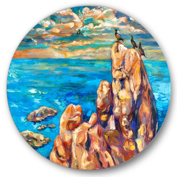 Designart 'The Blue Ocean By Rocky Cliffs I' Nautical & Coastal Circle Metal Wall Art 36x36 - Disc of 36