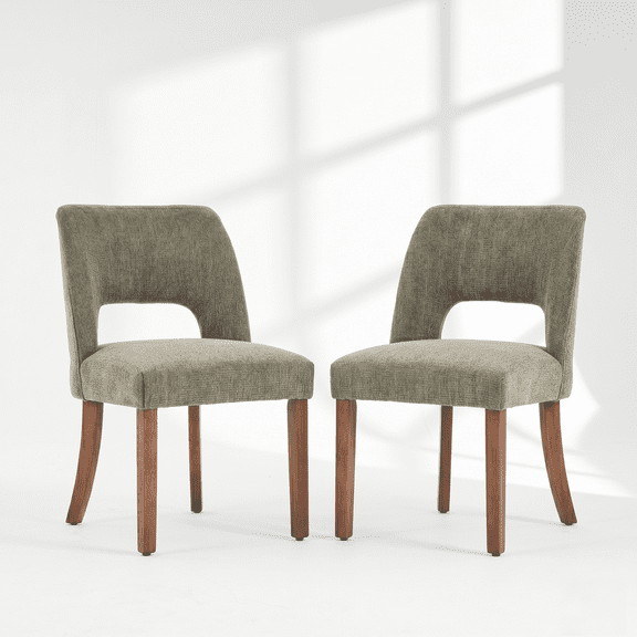 VKNOW Set of 2 Chenille Dining Chairs, Mid-Century Modern Upholstered Kitchen Chairs with Cutout Back & Solid Wood Legs, Green