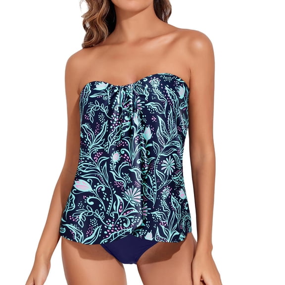Strapless Bathing Suits for Women, Full Coverage Bikini, Mom Swimsuit, Two Piece Tankini Bathing Suits for Women Halter Bandeau Swim Top With Bottom Flyaway Tummy Control Swimsuit, Blue L