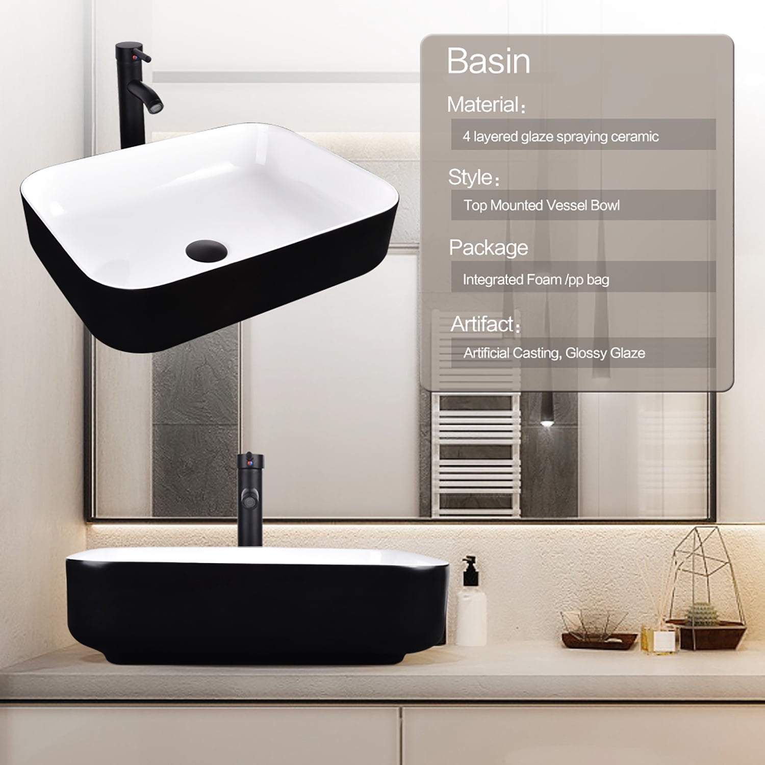 FULLWATT Ceramic Bathroom Vessel Sink with Faucet Combo with Overflow Bowl Square Basin Black and White