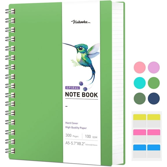 HIUKOOKA A5 Spiral College Ruled Notebook- 300 Pages Large Journal Notebook,PVC Cover Spiral Bound Notebook 5.7 X 8.22 inches, 100gsm Thick Paper Journals For Writing(Green)
