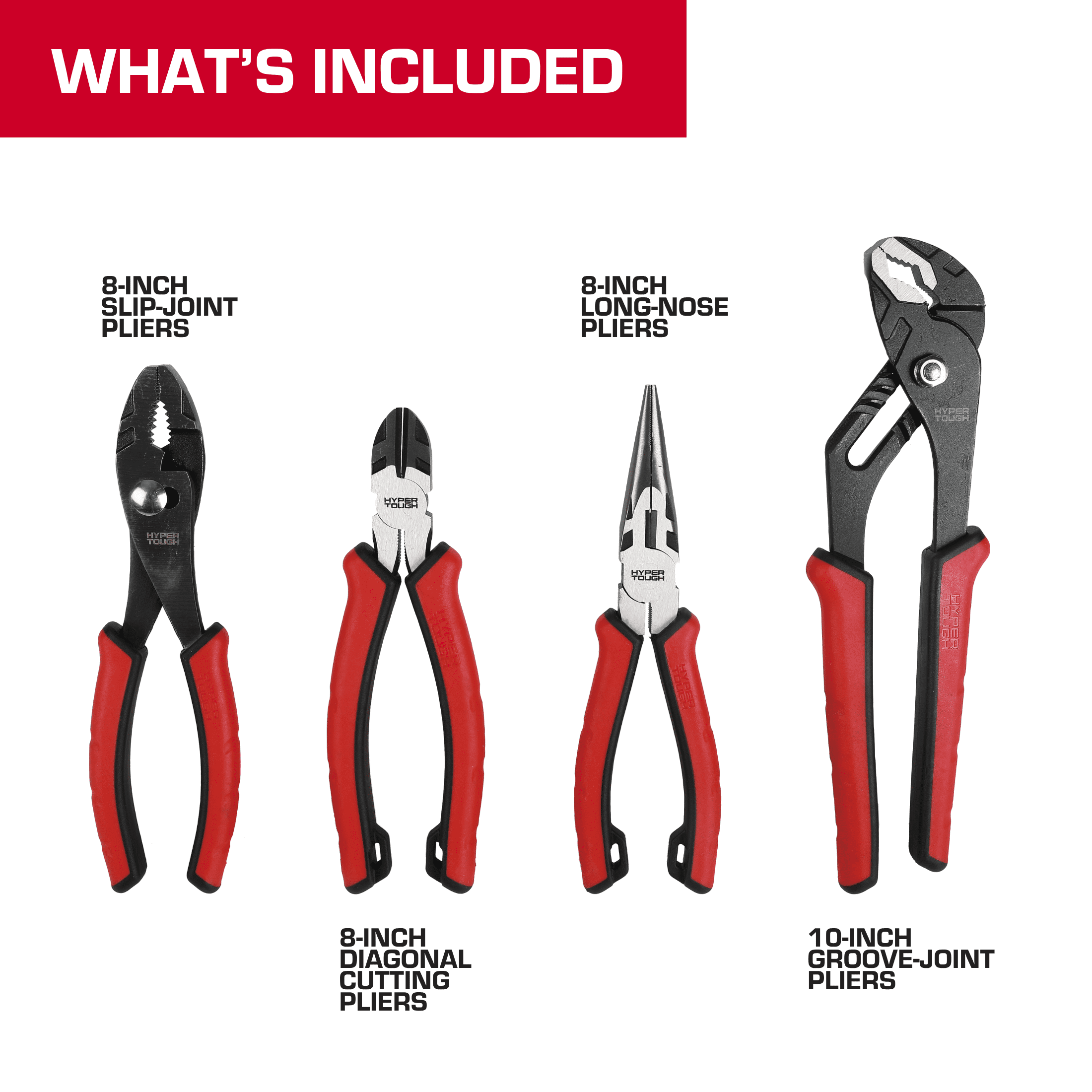 Hyper Tough 4-Piece CR-V Pliers Set with Dual Material Comfort