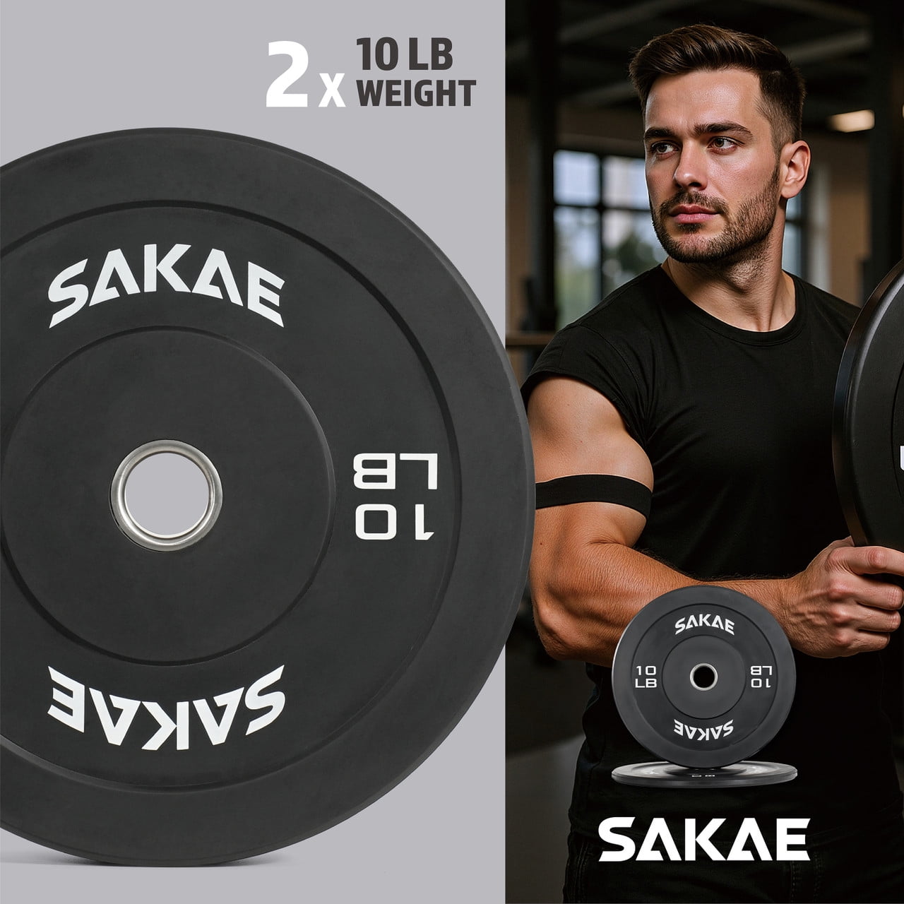 SAKAE Olympic Rubber Bumper Plates, 2-Inch Weight Plates Set with Steel Hub, Ideal for Weightlifting, CrossFit Equipment, Strength Training & Home Gym Workout, 10LB Pair