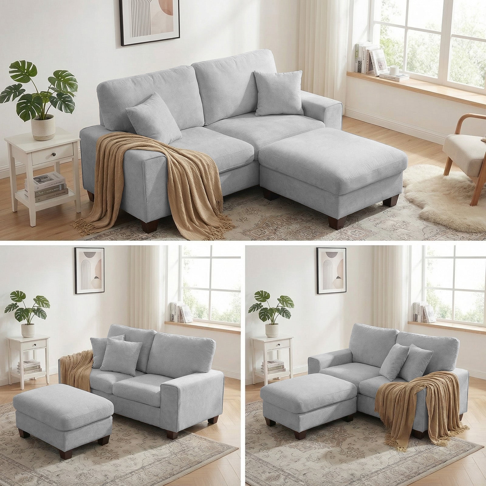 Poshby 88.58''W Sectional Sofa 3 Seater Couch with Chenille, Modern Square Arm for Living Room, Light Gray