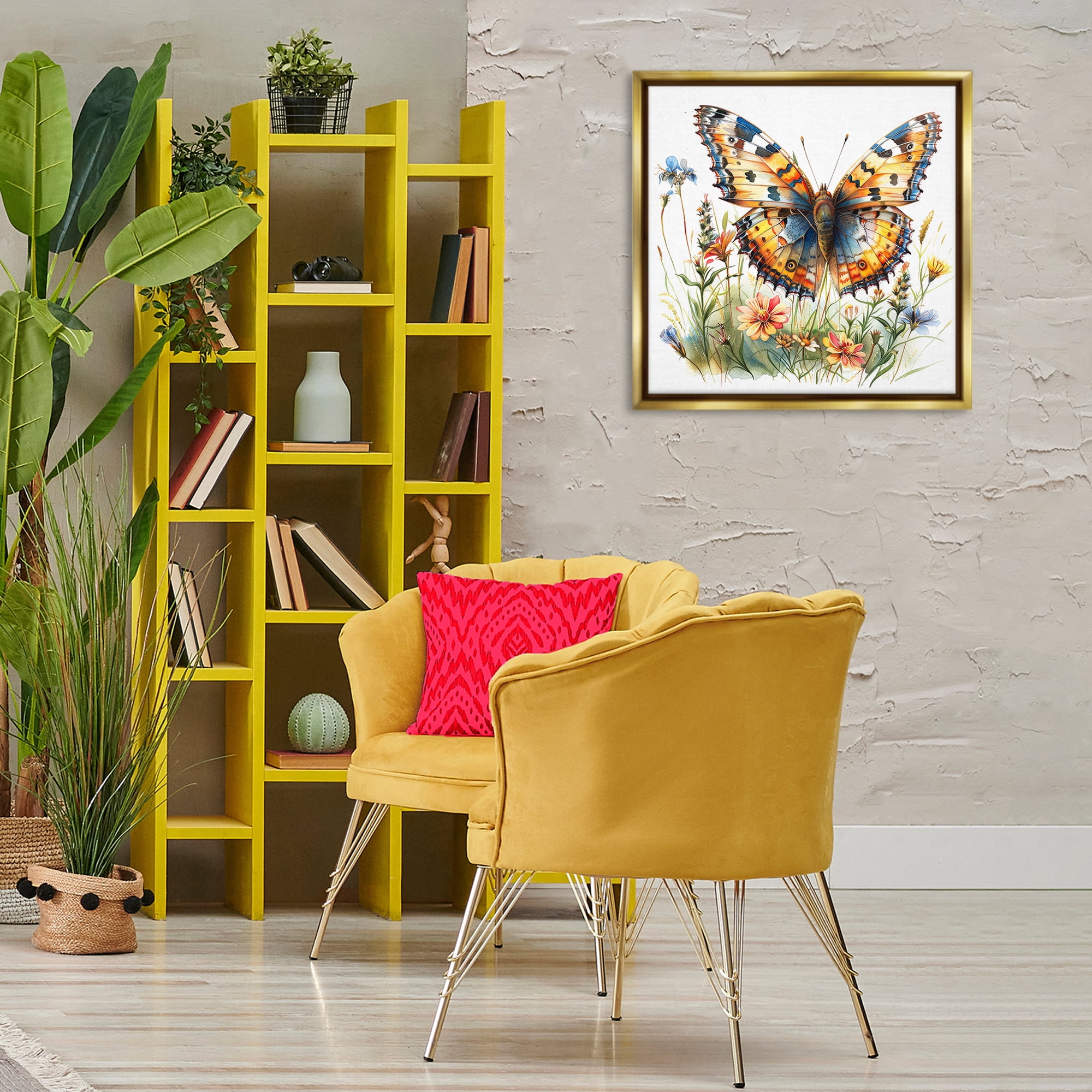 Stupell Industries Summer Garden & Butterfly Insects Painting Gold Floater Framed Canvas Art Print Wall Art, 25 x 25