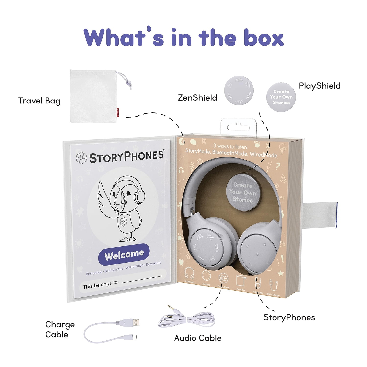 ONANOFF StoryPhones Storytelling Foldable Bluetooth Kids Headphones, Intro Bundle with ZenShield and PlayShield (Gray), ON-STORYPH-GREY
