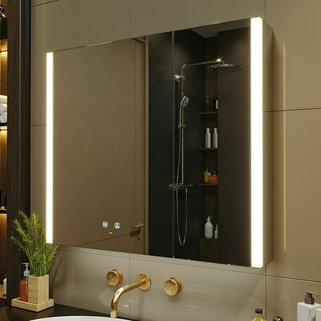 KWW LED Lighted Bathroom Medicine Cabinet, Defogger, Dimmable, 3 Color Light Makeup Mirror, Outlets & USBs, Easy to Install, Wall Mounted Mirror Cabinet (31L x 28W inches)