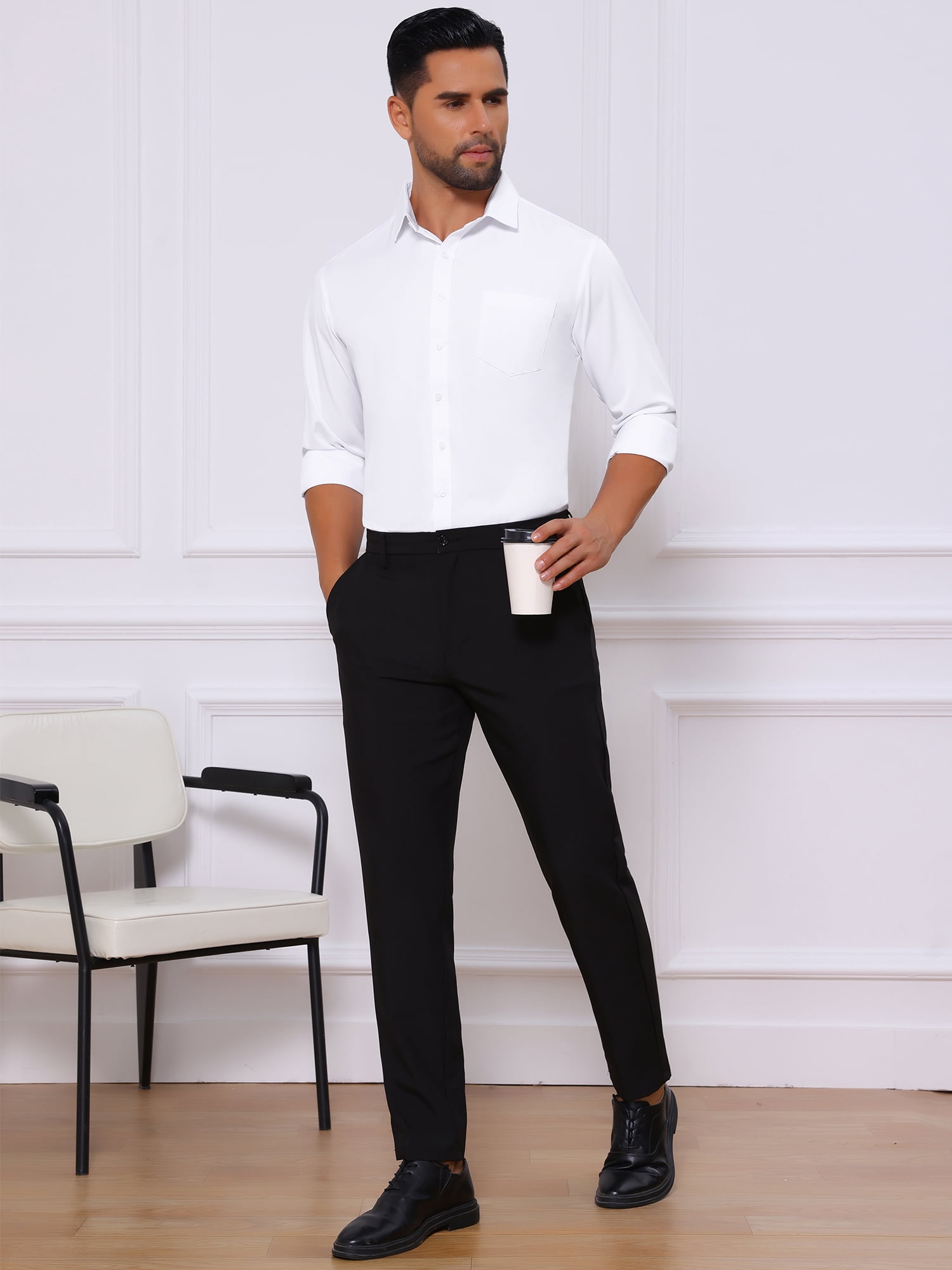 DARING DIVA Men's Point Collar Button Long Sleeve Business Shirts L White
