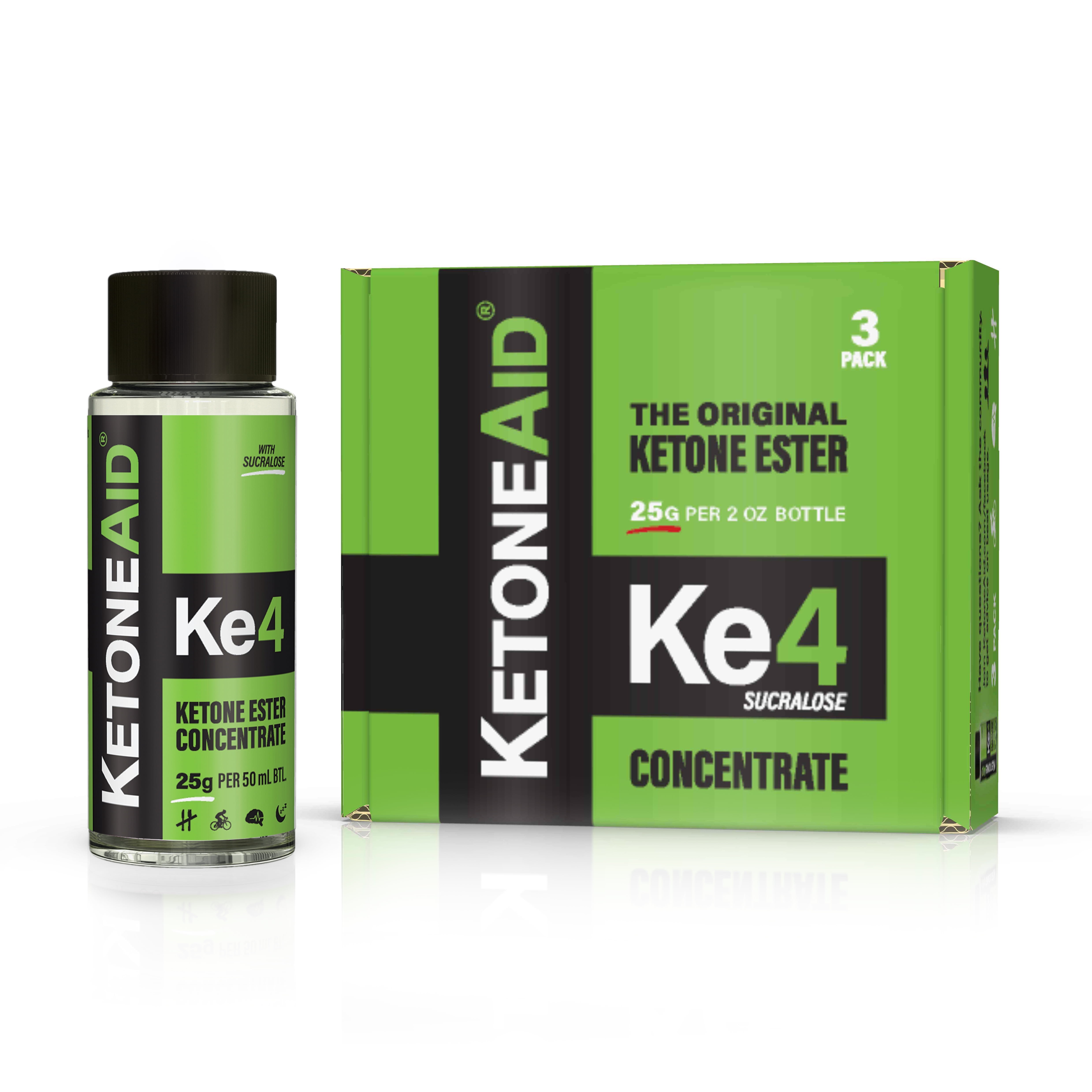 KetoneAid Ke4 Ketone Ester Concentrate w/ sucralose for focus, energy & recovery - 3 pack, 50mL bottles, 10 serv./btl. (30 Serv.), 0 carb., 12 cal., keto not required.