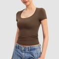 thumbnail image 2 of Jzuxvd Womens Summer Sexy Short Sleeve Square Neck Double Lined Basic Slim Fit Crop T Shirt Brown M, 2 of 7
