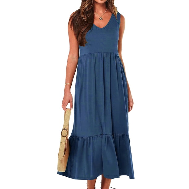 Lucakuins, vestidos midi de verano para mujer, moda de vacaciones, cuello en V, color sólido, sin mangas, playa, vestido acampanado Lucakuins moda