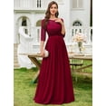thumbnail image 4 of Elegant Red Floral Lace Chiffon Maxi Dress With 3/4 Sleeves And Pleated Hem, Formal Gown For Wedding Guest Or Cocktail Party, 4 of 8