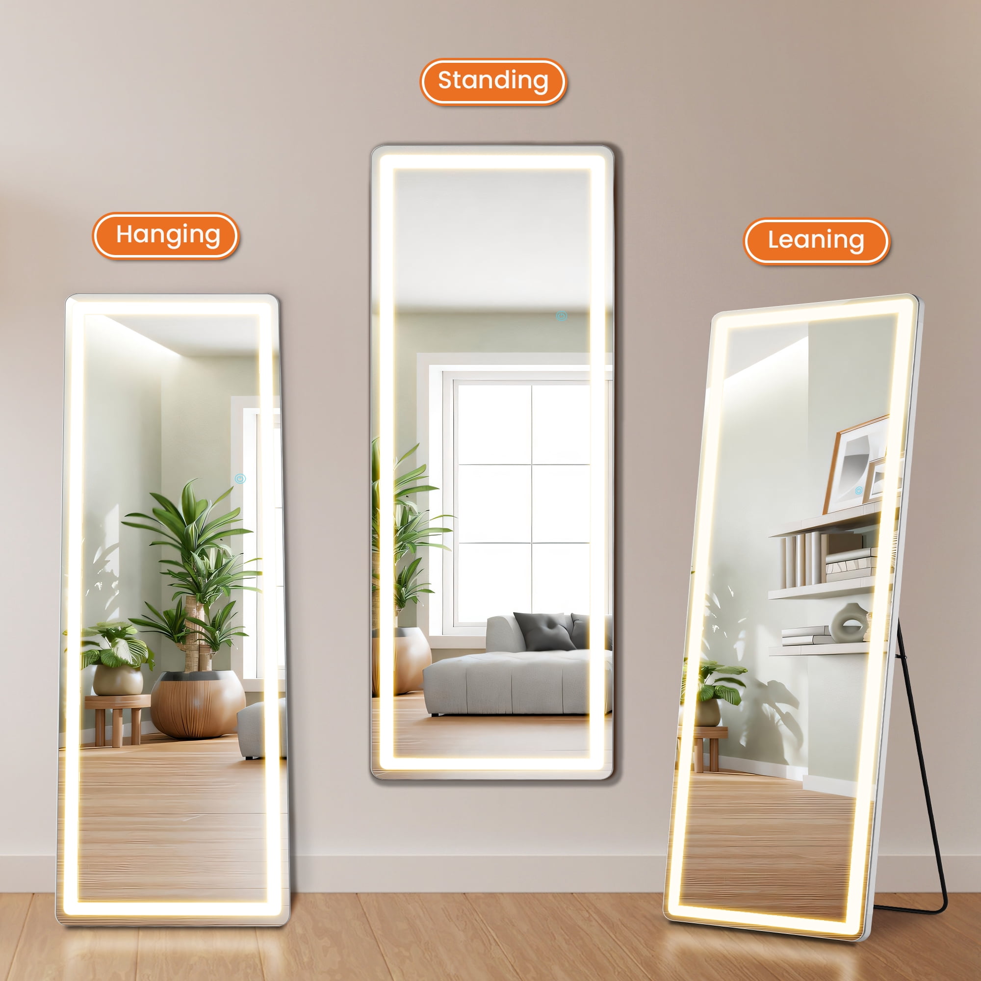 MAYEERTY 71" × 26" LED Full Length Mirror, 3 Color Lighting Floor Standing Mirror with Bracket