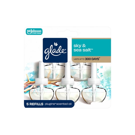 Glade PlugIns Scented Oil 5 Refills, Air Freshener, Sky & Sea Salt, Essential Oil Infused Wall Plug In, 3.35 FL oz, 5 Refills