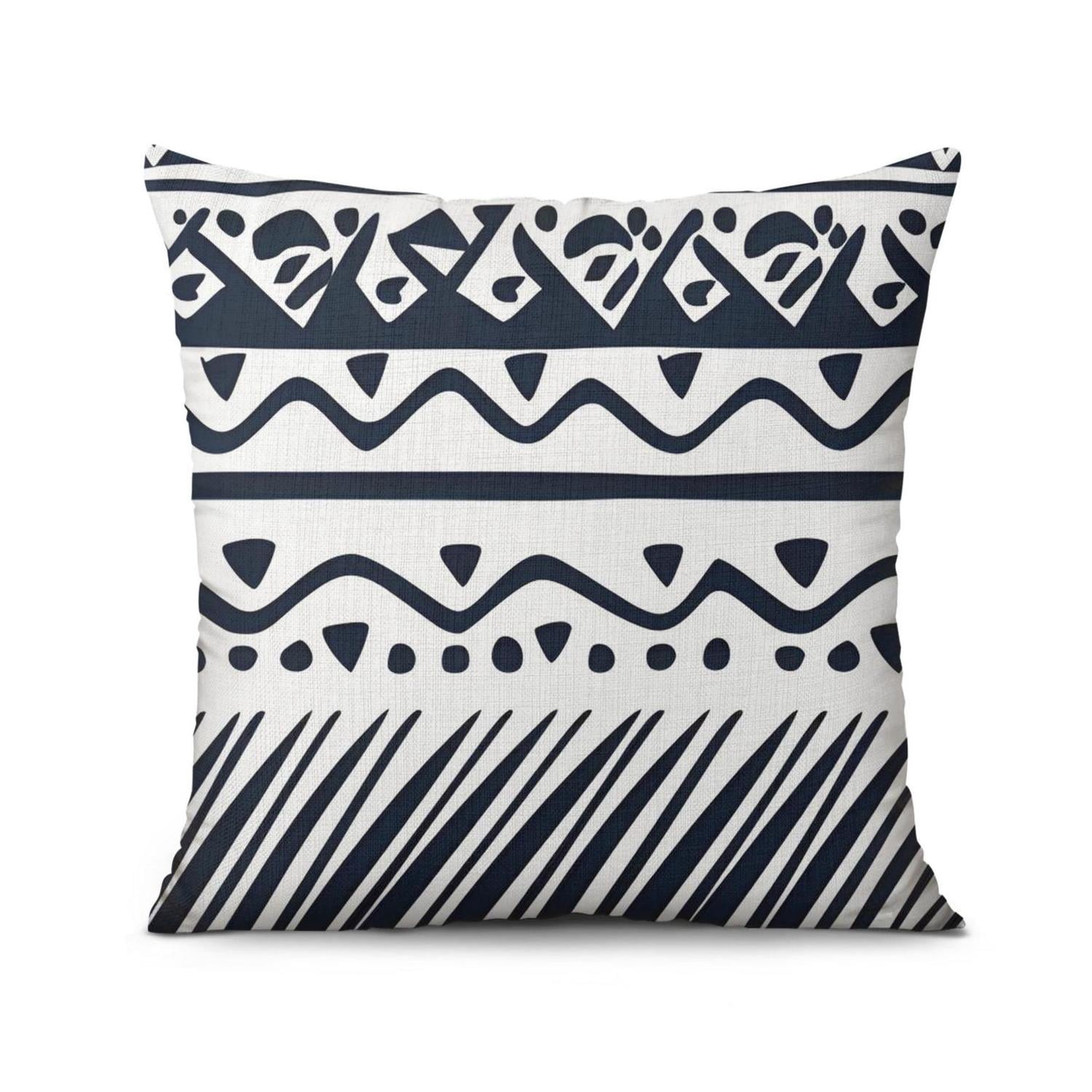 Blue Bohemian Geometric Lines Throw Pillow Covers 18"x18", Set Of 4, Linen Study Sofa Cushion Cover Indoor Living Room Home Decor