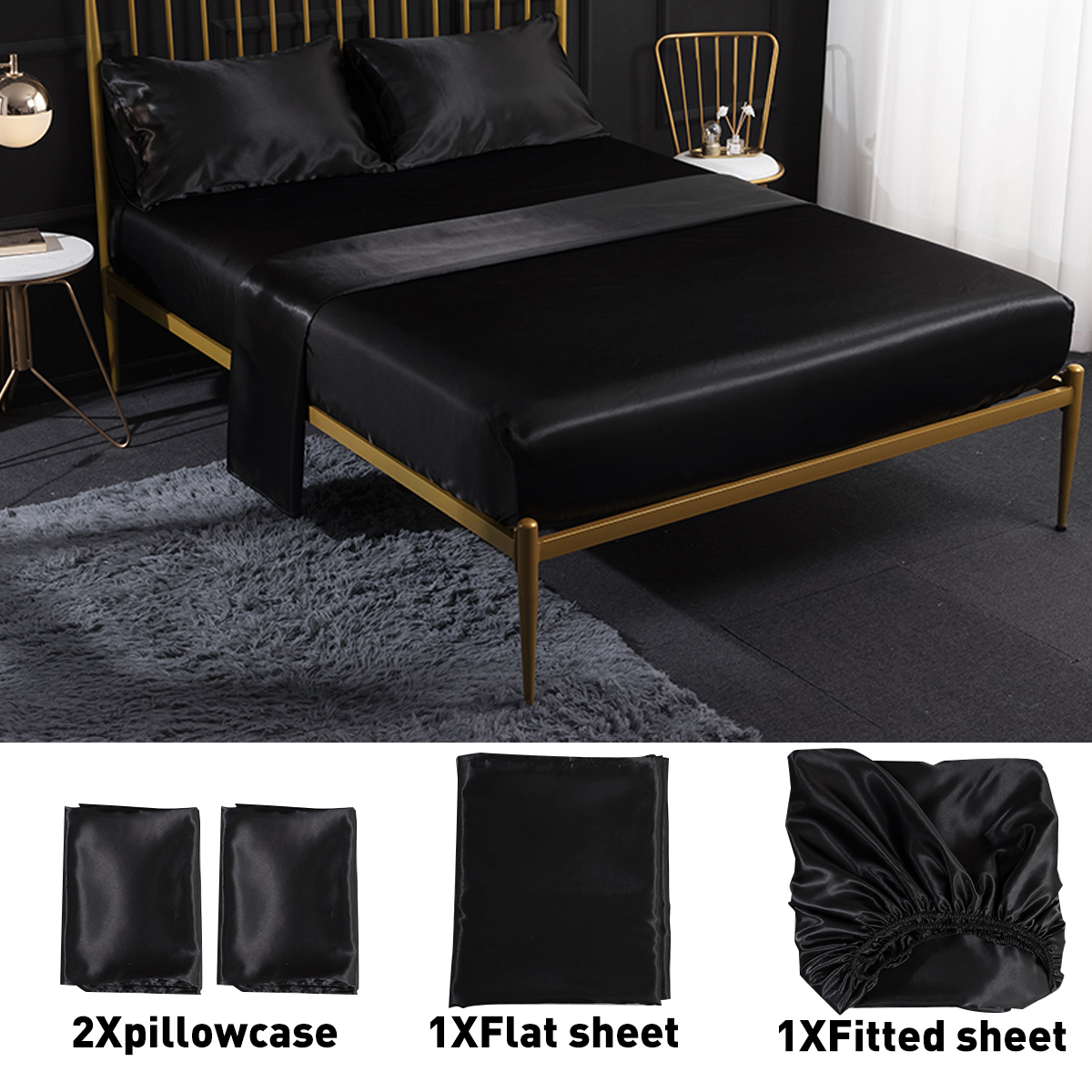 Soft Silk Satin Flat Sheets & Fitted Sheets & Pillowcases Set Pure