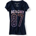 thumbnail image 1 of Aeropostale - Camiseta gráfica para mujer con cuello en V brillante Aero Ny 87, azul, pequeña, 1 of 1