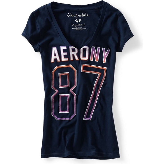 Aeropostale - Camiseta gráfica para mujer con cuello en V brillante Aero Ny 87, azul, pequeña