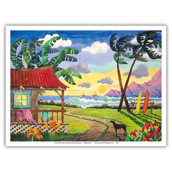 Sunset in Paradise - Tropical Beach - Hawaii - Hawaiian Islands - From an Original Watercolor Painting by Robin Wethe Altman - Master Art Print (Unframed) 9in x 12in