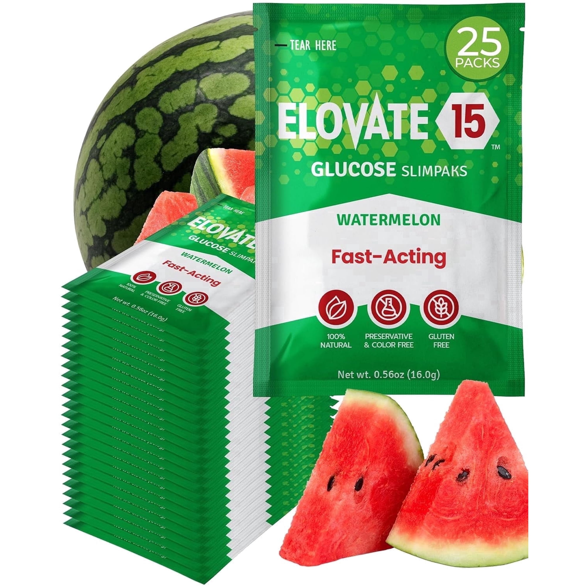 ELOVATE15 Fast-Acting Glucose Powder Packets, Watermelon – 25 Count, 15g Pure Dextrose, Gluten-Free
