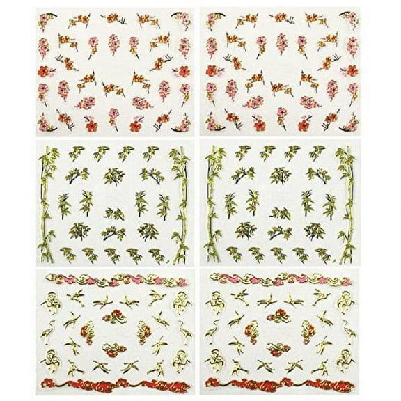 Wrapables® Fingernail Stickers Nail Art Nail Stickers Self-Adhesive Nail Stickers 3D Nail Decals - Asian Inspired Cherry Blossoms, Bamboos & Cranes (3 designs/6 sheets)