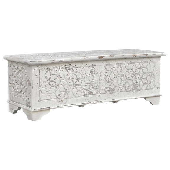 Isabella White Solid Wood Storage Ottoman with Geometric Carved Design