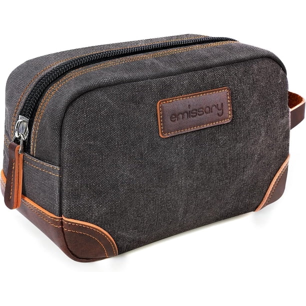 Neceser de viaje tipo emisario de piel y lona para hombre, color gris