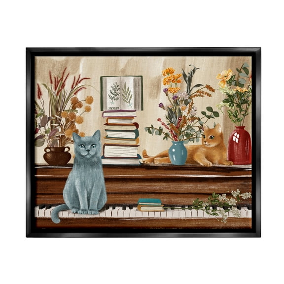 Stupell Industries Cats & Books on Piano Animals & Insects Painting Black Floater Framed Canvas Art Print Wall Art, 21 x 17