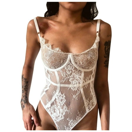 

BIZIZA Women One Piece Lace Teddy See Through Bodysuit Babydoll Snap Crotch Lingerie Sexy White S