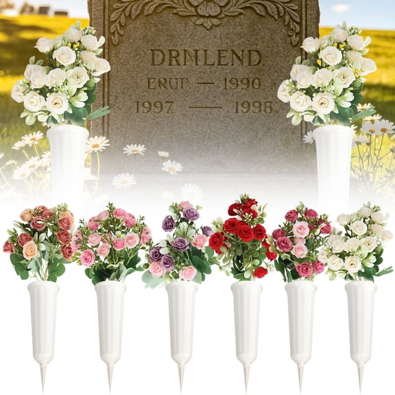 1PC Artificial Cemetery Flowers with Vase,Grave Memorial Flowers,Artificial Rose Bouquet Decoration for Cemetery Headstones Gravesites