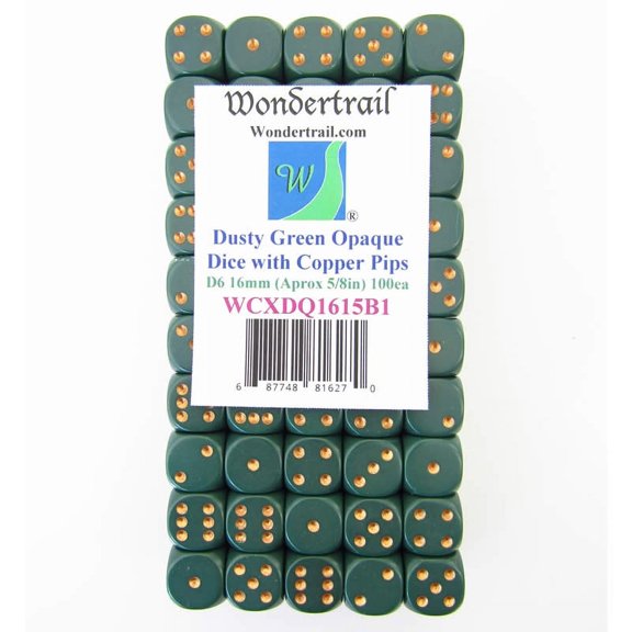 Dusty Green Opaque Dice with Copper Pips D6 16mm (5/8in) Pack Of 100 Wondertrail