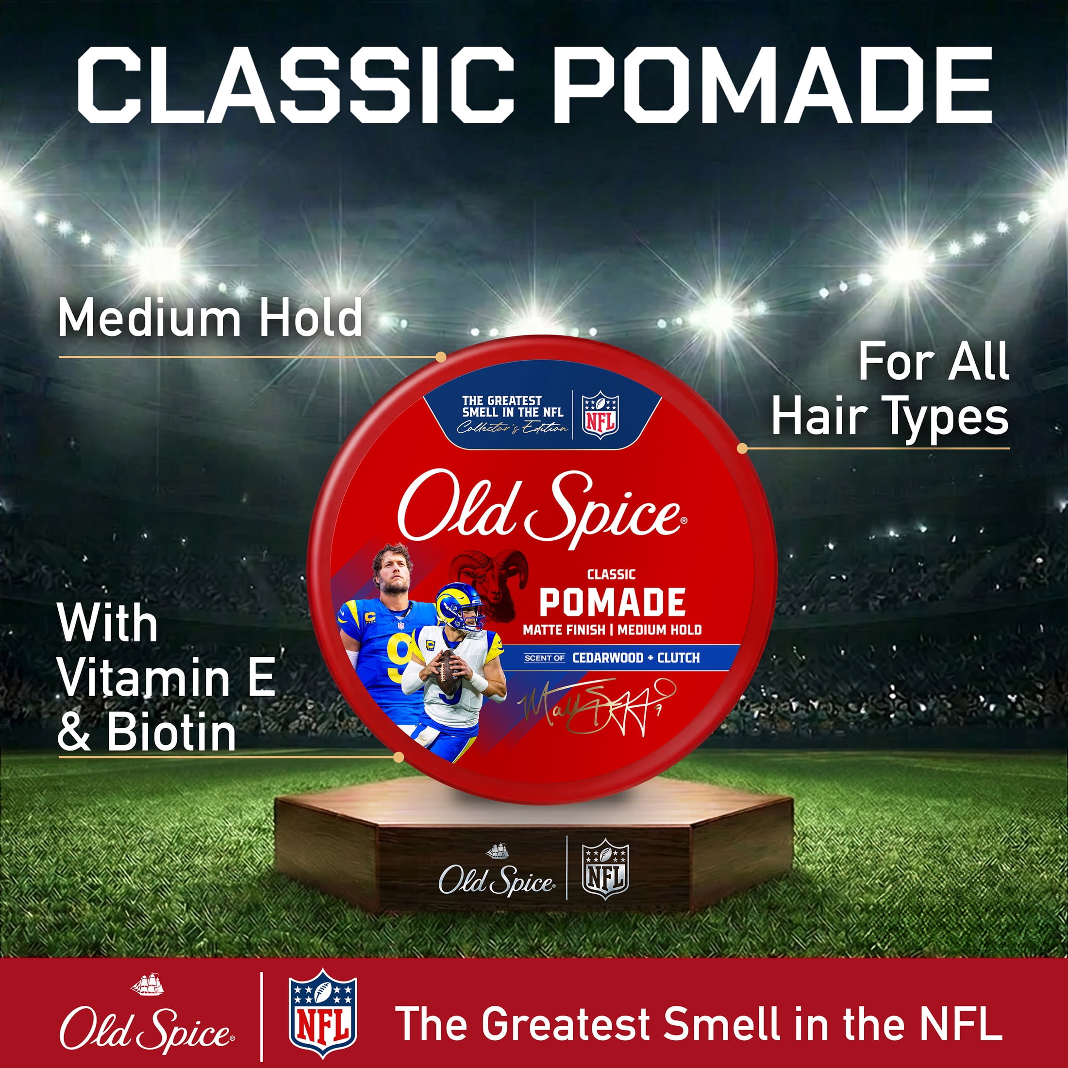 Old Spice MVP Classic Pomade for Men, Matt Stafford MVP, Men's Hair Styling Pomade, Medium Hold, Matte Finish, 2.22 oz