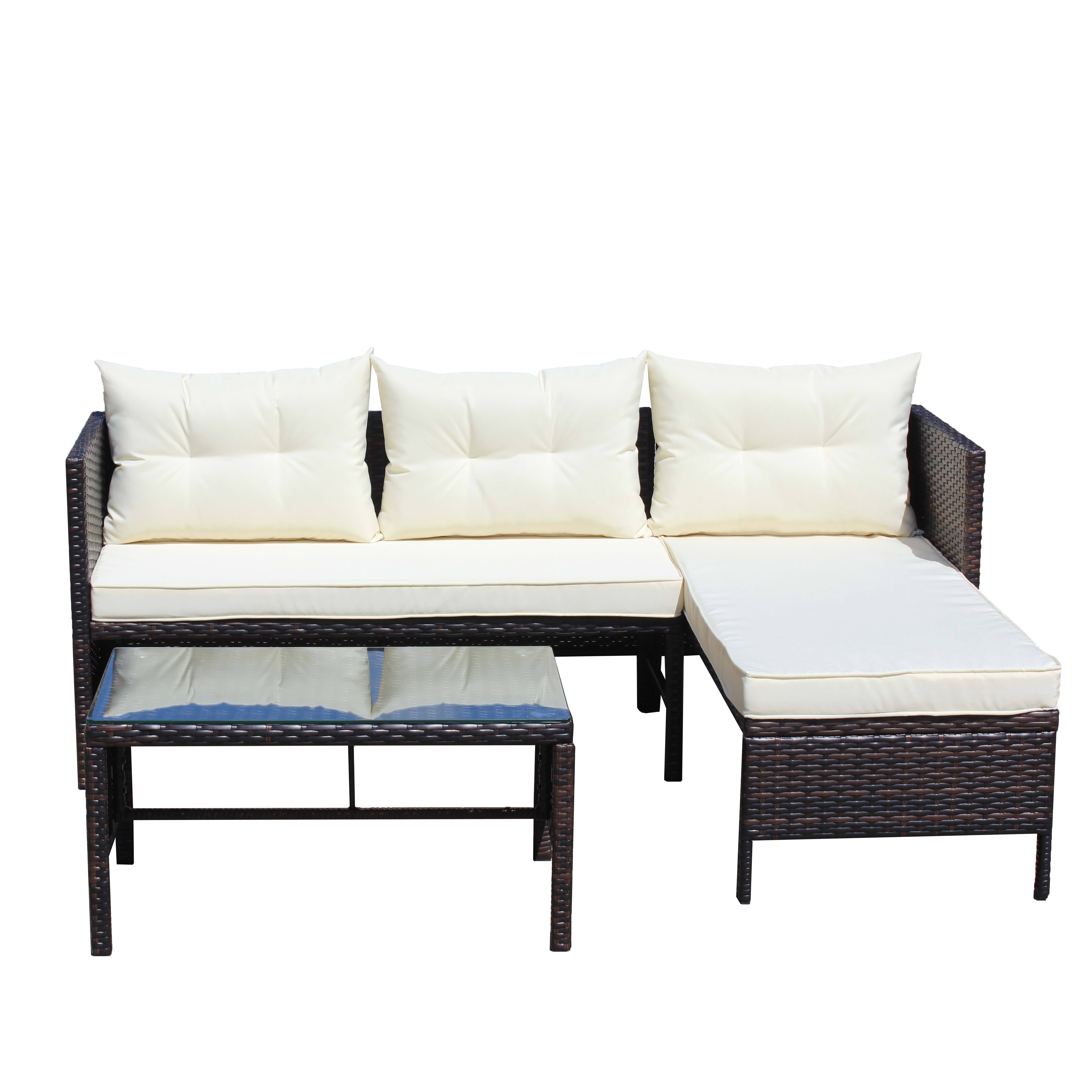 Outdoor Patio Furniture Sets 3 Piece Conversation Set wicker Ratten Sectional Sofa With Seat Cushions (Beige Cushion)