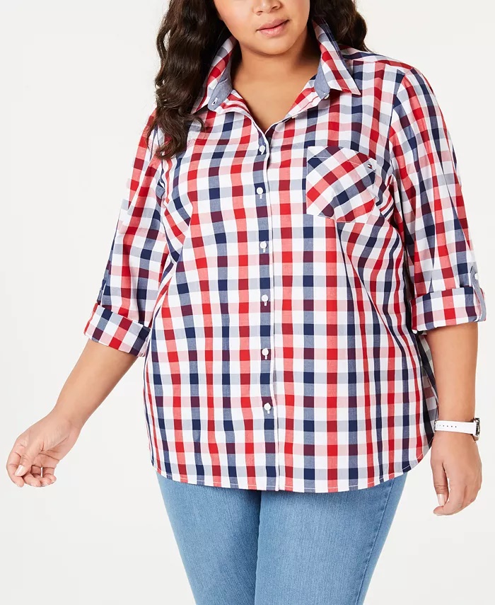 Tommy Hilfiger Women's Plus Size Galleon Gingham Button-Up Shirt Red ...