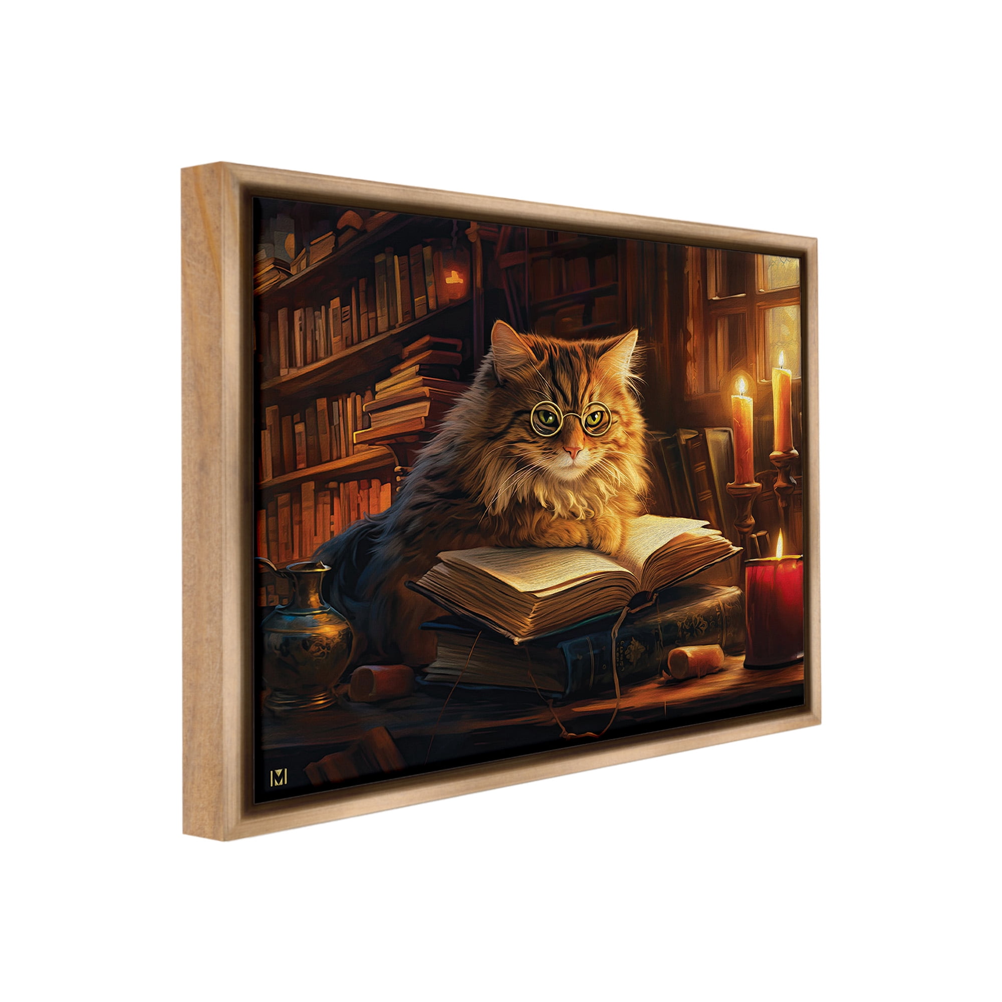 Stupell Industries Cat Reading by Candlelight Animals & Insects Painting Brown Floater Framed Canvas Art Print Wall Art, 21 x 17