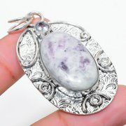 Lepidolite, White Topaz Gemstone 925 Sterling Silver Jewelry Pendant 2.29"
