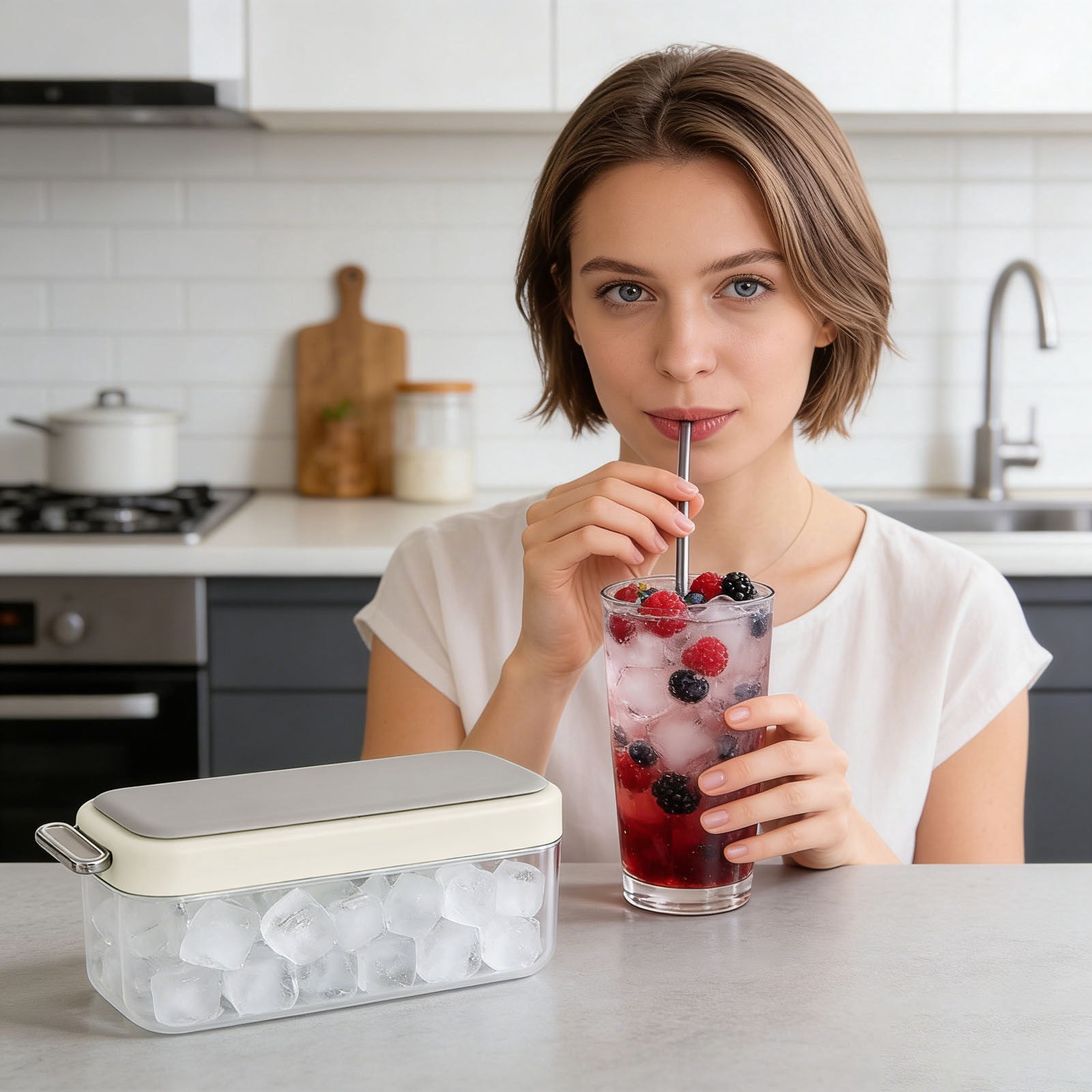 Ice Trays for Freezer with Lid Bin, ABS Ice Cube Tray Making Ice Cubes, Easy Press to Release Ice, Ice Tray with Storage Bin Chilling Coffee, Stackable with Easy Release ABS Bottom